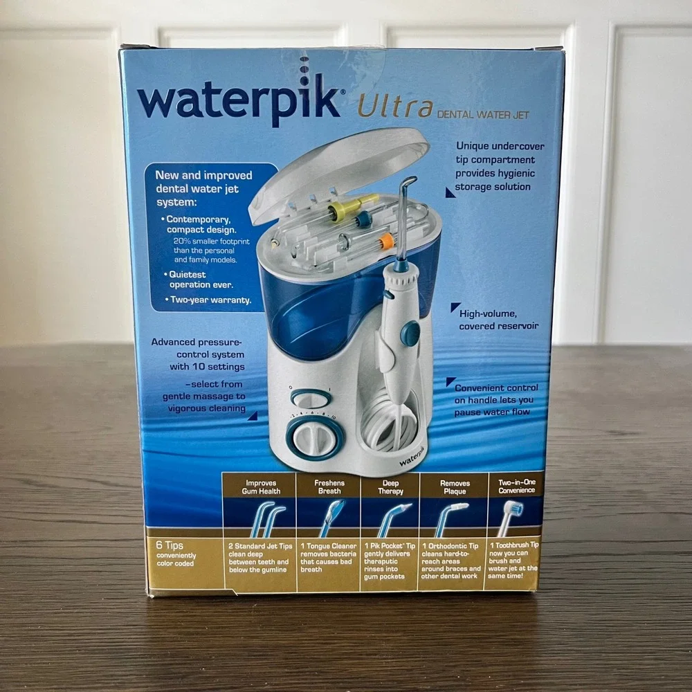 Waterpik Ultra Dental Water Jet WP-100W White Blue 10 Settings 6 Tips New Box